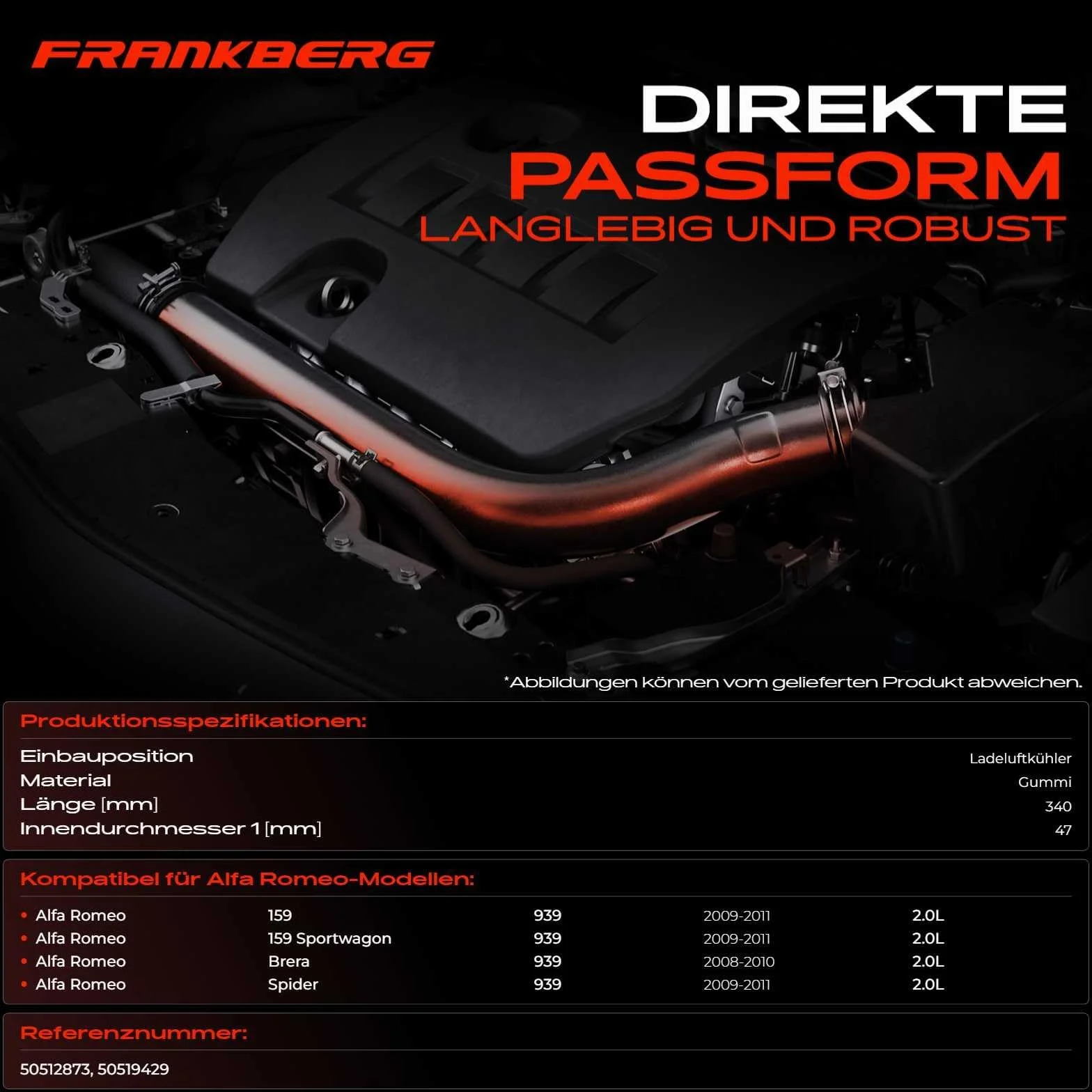 Wąż doładowania turbo przedni do 159/159 Sportwagon Brera Spider 939 2.0 JTDM Diesel 2008-2011 50512873