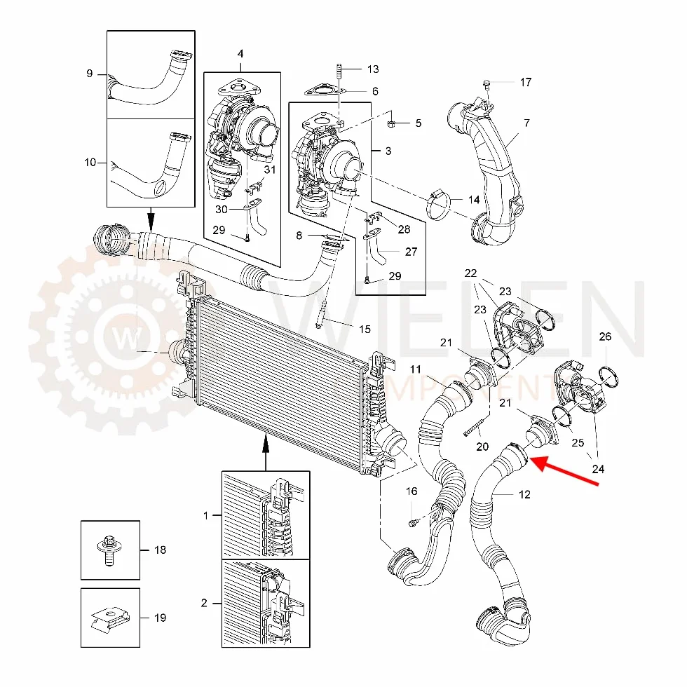 WIELEN KOMPATYBILNY Z USZCZELKĄ DO INTERCOOLER WĘŻA OPEL ASTRA J CHEVROLET CRUZE 1.7 13265281 13265280 1302124