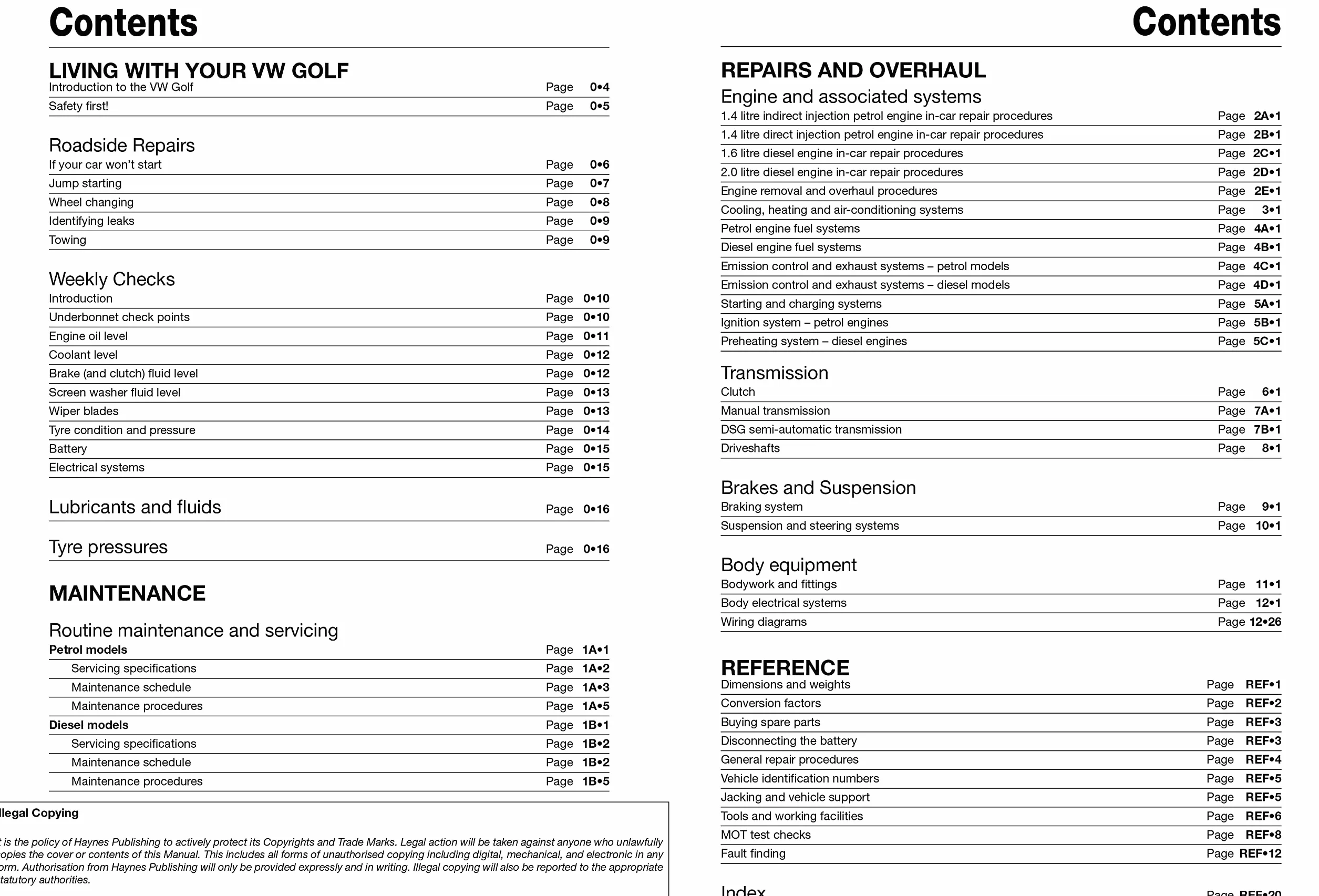 VW Golf Petrol and Diesel (09 - 12) 58 to 62